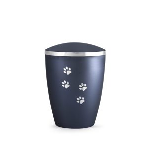 Tierurnennaturstoffurne-edition-elegance-mitternachtsblau-Pfotenmotiv silber-1