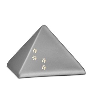 Tierurnenkeramikurne-edition-pyramide-steingrau-vier Pfötchen gold glänzend-1