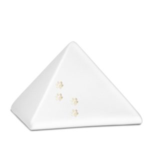 Tierurnenkeramikurne-edition-pyramide-weiß-vier Pfötchen gold glänzend-1