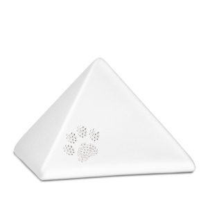 Tierurnenkeramikurne-edition-pyramide-weiß-Kristall-Pfote-1