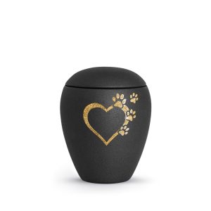 Tierurnenkeramikurne-edition-verona-schwarz-Herz mit Pfoten sparkling gold-1