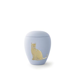 Tierurnenkeramikurne-edition-siena-himmelblau-goldenes Katzenmotiv-0